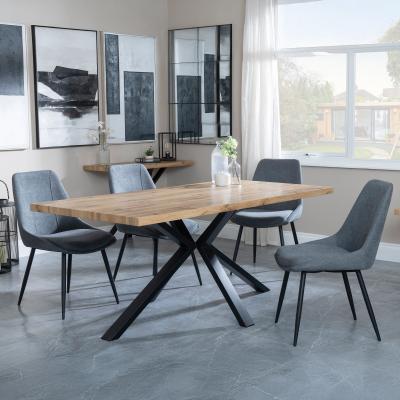 Ezra Oak Dining Set with Black Spider Legs Darwin Grey Fabric