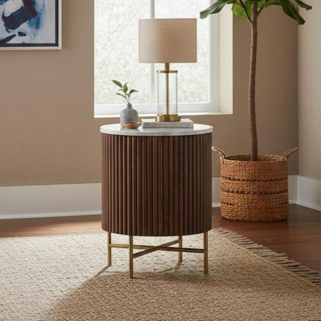 Harvard Bedside Table - 1 Door Fluted Round - White Marble Top