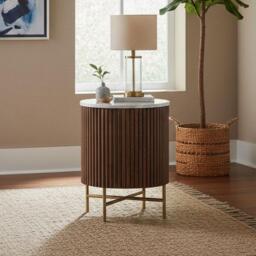 Harvard Bedside Table - 1 Door Fluted Round - White Marble Top - thumbnail 1