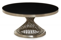 Anzio Black Glass Round Coffee Table with Geomatric Base