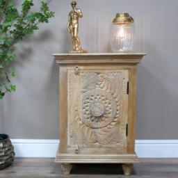 Dutch Carved Mango Wood 1 Door Narrow Bedside Cabinet