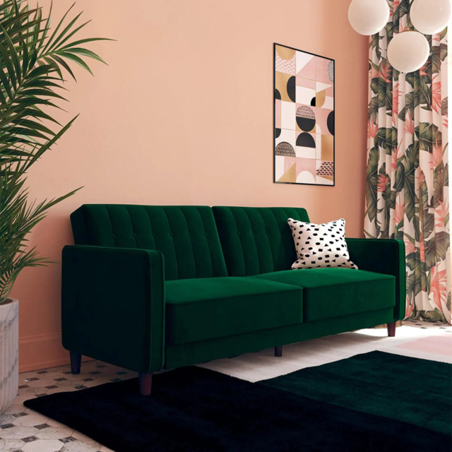 Pin Tufted Futon Sofa Bed - 3 Seater - Green Velvet Fabric - 2164979UK