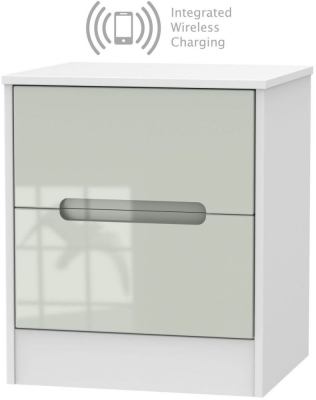 Monaco Cashmere Gloss and White 2 Drawer Bedside Cabinet with Wireless Charging