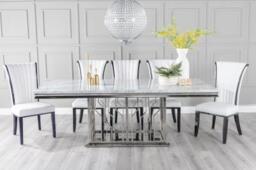 Vortex Marble Dining Table Set, Rectangular Grey Top and Steel Chrome Base with Cadiz White Faux Leather Chairs