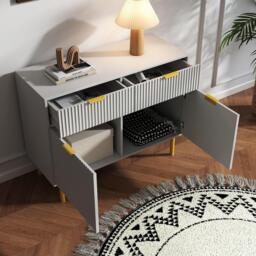 Clearance - Ridged Grey and Gold 2 Door Medium Sideboard - 100cm - thumbnail 2