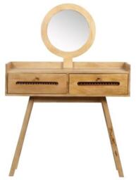 Retro Solid Wood and Natural Rattan 2 Drawer Dressing Table with Mirror