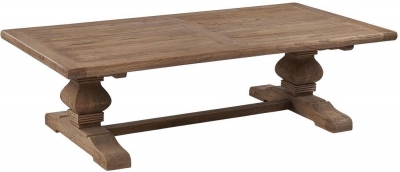 Renton Reclaimed Elm Refectory Coffee Table with Double Pedestal Balustrade Base - Victorian Style