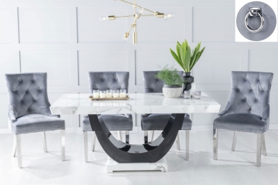 Madrid White Marble Dining Set - Grey Fabric Knocker Back Dining Chair with Chrome Legs