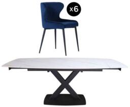 Vernal 6-8 Seater White Sintered Stone Extending Dining Set - 6 Langley Blue Fabric Chair