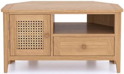 Henley Oak and Rattan Corner TV Unit, 90cm W with Storage for Television Upto 32in Plasma - image 1