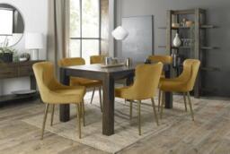 Bentley Designs Turin Dark Oak 6-8 Seater Extending Dining Table with 6 Cezanne Mustard Velvet Chairs - Gold Legs