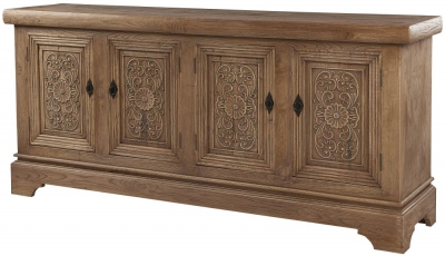 Renton Reclaimed Elm Extra Large Buffet Sideboard, 216cm W with 4 Carved Doors - Victorian Style