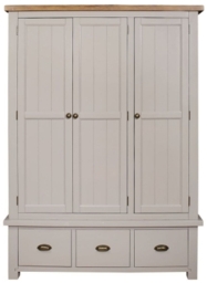 Regatta Grey Painted Pine Triple Wardrobe, 3 Doors with 3 Bottom Storage Drawers
