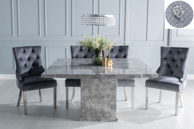 Turin 140cm Square Grey Marble Dining Set - Grey Fabric Lion Head Ring Back Dining Chair with Chrome Legs