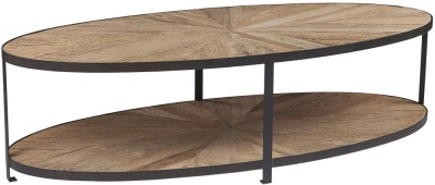 Renton Industrial Reclaimed Elm Parquet Top Oval Coffee Table 2 Tier