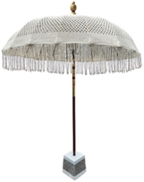 Bali White Macrame Sun Parasol and Base with Terazzo and Large Slate