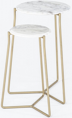 Clearance - Trio Marble Side Tables, White Round Top with Gold Metal Base - Set of 2 - image 1