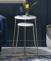 Clearance - Trio Marble Side Tables, White Round Top with Gold Metal Base - Set of 2 - thumbnail 2