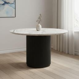 Lucas Black Round Fluted Dining Table - 4 Seater - 120cm - White Marble Top - thumbnail 1