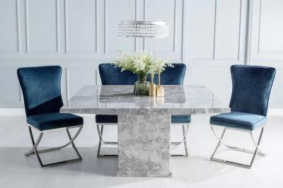Turin 140cm Square Grey Marble Dining Set - Lyon Blue Fabric Chairs
