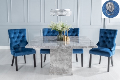 Turin 140cm Square Grey Marble Dining Set - Blue Fabric Lion Head Ring Back Dining Chair with Black Legs