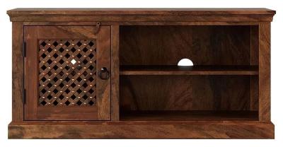 Clearance - Maharani Sheesham TV Unit, Indian Wood, Small Cabinet 115cm, Stand Upto 40in Plasma TV, Lattice Jali Design - 1 Door with 1 Shelf