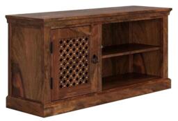 Clearance - Maharani Sheesham TV Unit, Indian Wood, Small Cabinet 115cm, Stand Upto 40in Plasma TV, Lattice Jali Design - 1 Door with 1 Shelf - thumbnail 2