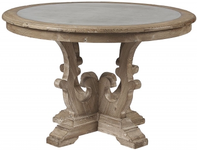 Asbury Old Pine in Grey Lime Finish Round Dining Table with Zinc Top, 120cm Dia Seats 4 Diners - Georgian Style