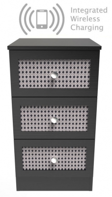 Rattan and Black 3 Drawer Bedside Cabinet with Wireless Charging