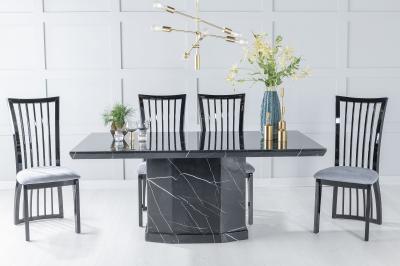 Naples Black Marble Dining Set - Athena Black High Gloss with Grey Fabric Dining Chair