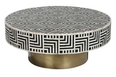 Black and White Bone Inlay Geometric Round Coffee Table