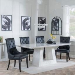 Milan White Marble Dining Set - Carmela Black Leather Dining Chair