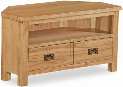 Salisbury Lite Natural Oak Corner TV Unit, 90cm width with 2 Drawers for Television Upto 32in Plasma