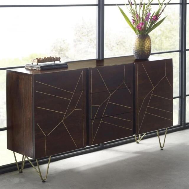 Sideboard - 2 Door 3 Drawer - Large - Hairpin Legs - Gold Geometric Inlay - Dark Mango Wood