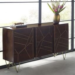 Sideboard - 2 Door 3 Drawer - Large - Hairpin Legs - Gold Geometric Inlay - Dark Mango Wood - thumbnail 1