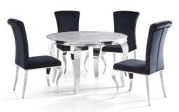 Louis Grey Marble and Chrome Round Dining Table with 4 Black Velvet Fabric Chairs