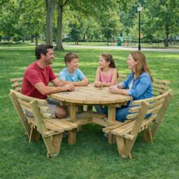 Westwood Garden Picnic Table - Round - 8 Seater with Backrest - Timber Wood - thumbnail 3