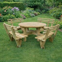 Westwood Garden Picnic Table - Round - 8 Seater with Backrest - Timber Wood - thumbnail 1