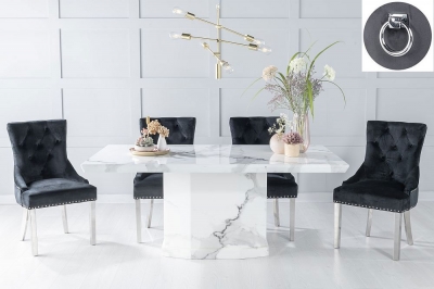Naples White Marble Dining Set - Black Fabric Knocker Back Dining Chair with Chrome Legs