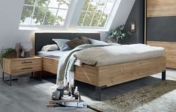 Breda Bianco Oak Bed with Upholstered Anthracite Cushion Headboard