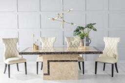 Venice Marble Dining Table Set, Rectangular Cream Top and Pedestal Base with Mimi Cream Faux Leather Chairs