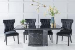 Naples Marble Dining Table Set, Rectangular Black Top and Pedestal Base with Courtney Black Fabric Chairs