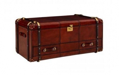 Mysore Handcrafted Leather Cognac Coffee Table Trunk With Drawer