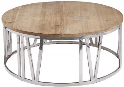 Asbury Old Pine Round Clock Coffee Table with Silver Chrome Metal Frame - Georgian Style