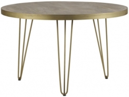 Kaza Light Mango Wood 4 Seater Round Dining Table - Hairpin Legs with Gold Geomatric Inlay