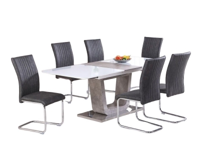 Castello White Gloss 6-8 Seater Butterfly Extending Dining Set with 6 Grey Chairs