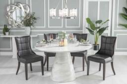 Carrera Marble Dining Table Set for 4 to 6 Diners 130cm Round White Top with Cone Pedestal Base - Paris Chairs