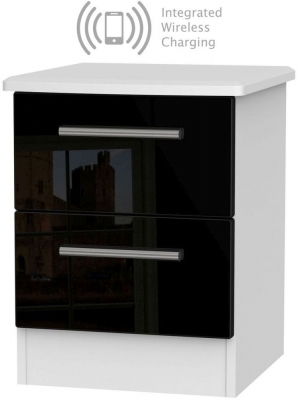 Knightsbridge Black Gloss and White 2 Drawer Bedside Cabinet with Wireless Charging