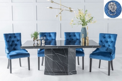 Naples Black Marble Dining Set - Blue Fabric Lion Knocker Back Dining Chair with Black Legs