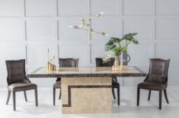 Venice Marble Dining Table Set, Rectangular Cream Top and Pedestal Base with Paris Brown Faux Leather Chairs